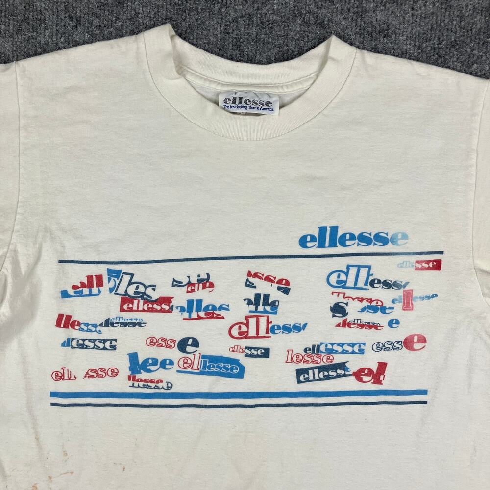 Ellesse T-Shirt Mens L White Vintage Graphic Multi Logo USA‎ Casual Streetwear